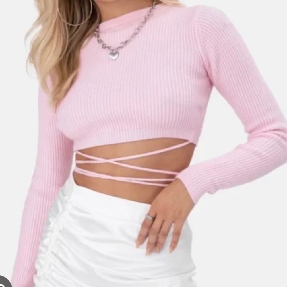 Pink Ribbed Knit Cropped Sweater - Picture 3 of 3